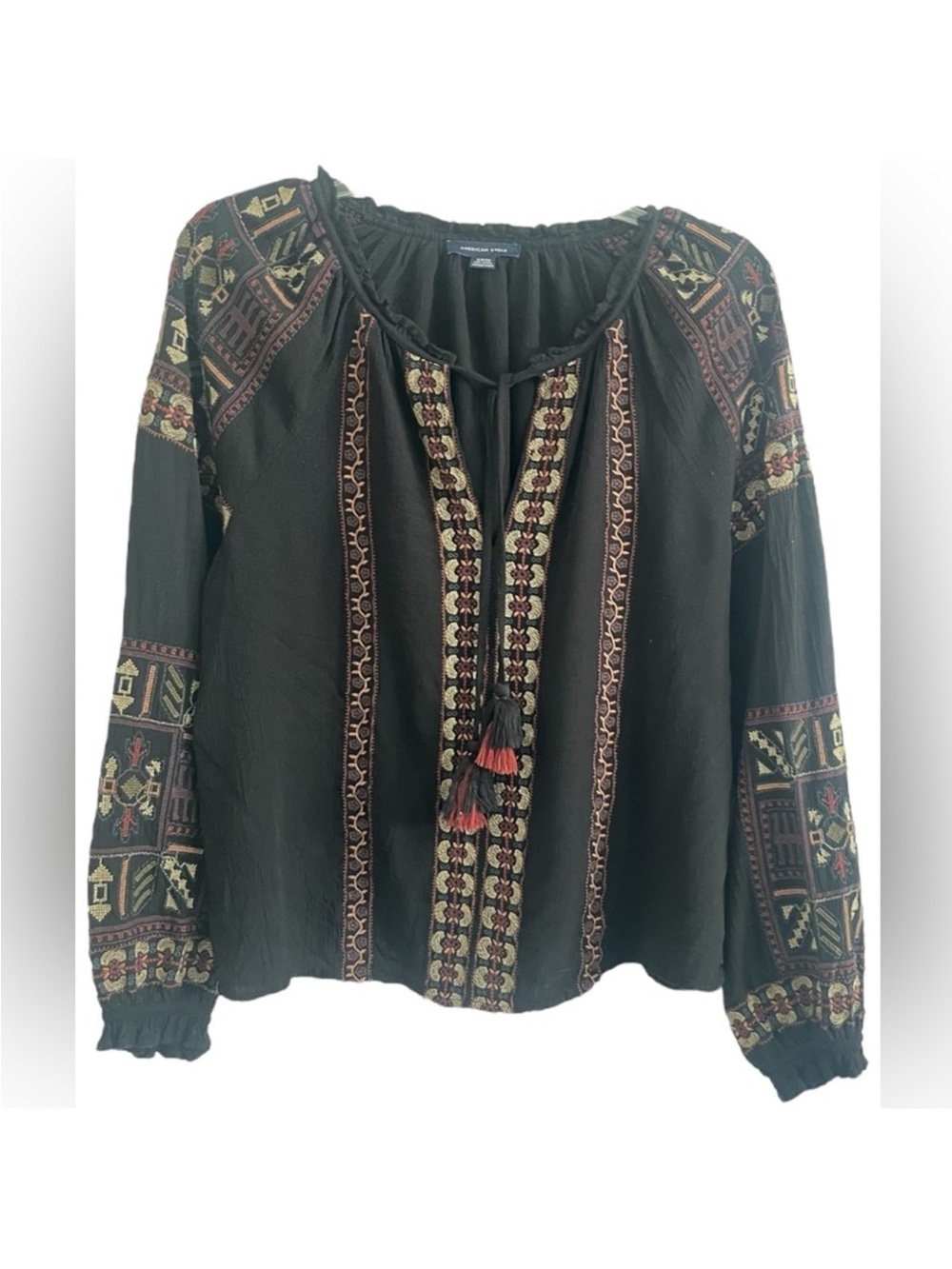 American Eagle Women's
Bohemian Black Top with Colorful Embroidery Size Small